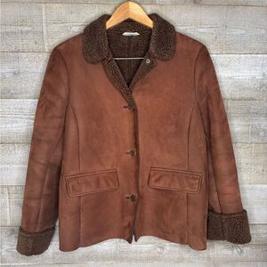 Lands End S 6-8 chocolate brown faux suede shearling sherpa button down jacket